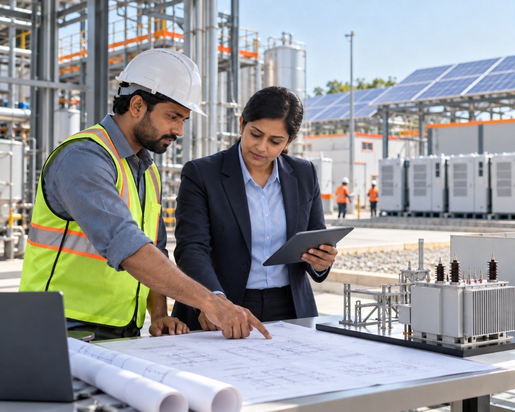 An engineer in a hard hat and a consultant reviewing drawings beside a transformer model at a solar and battery storage site