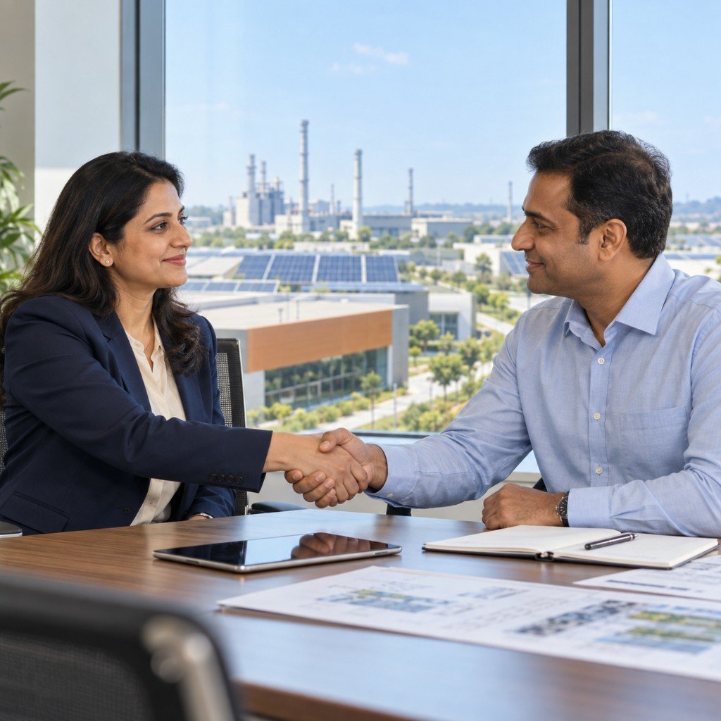 Two professionals shaking hands across a meeting table, with solar rooftops and an industrial skyline behind them