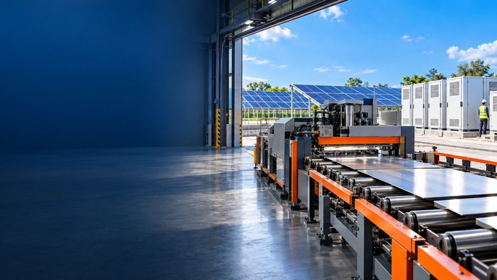 Factory floor opening onto solar panels and energy storage cabinets.
